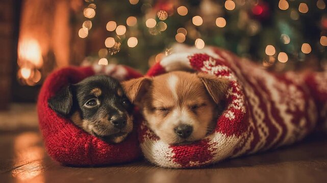 Two cute puppy dog friends sleep cozy and warm inside red christmas stocking for holiday. Adorable festive pet scene with peaceful pups snuggling by tree