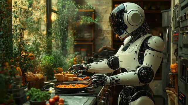 A futuristic robot chef cooks in a bright kitchen with fresh vegetables and herbs