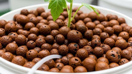 Fototapeta premium Young Seedling Growing In Clay Pebble Substrate.