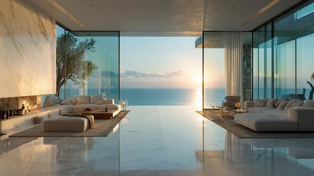 Serene modern luxury house with contemporary interior architecture. An open living room offers stunning sea sunset view over tranquil infinity swimming pool and fireplace