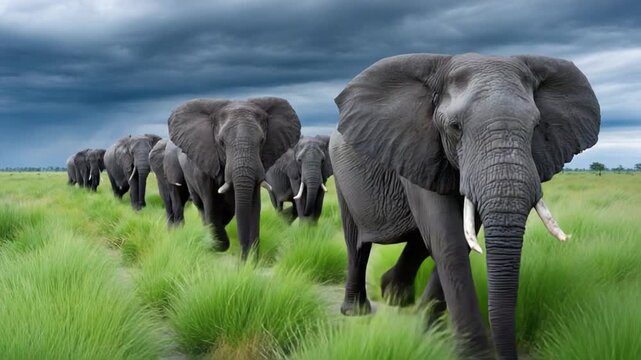 Elephant March: A majestic procession of African elephants strides confidently across a vast savanna, led by a matriarch, under a dramatic sky.