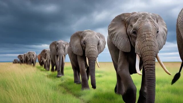 Elephant Parade in the Savanna: A majestic parade of elephants gracefully moves across the vast savanna, their imposing forms silhouetted against a dramatic sky.