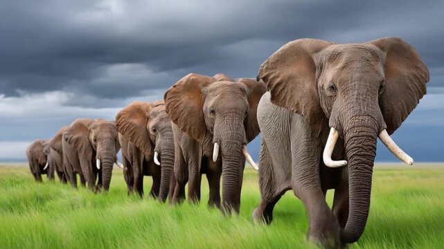 Elephant Herd on the Move: A majestic elephant herd marches across a vast green landscape under a dramatic cloudy sky, creating a powerful image of unity and migration.