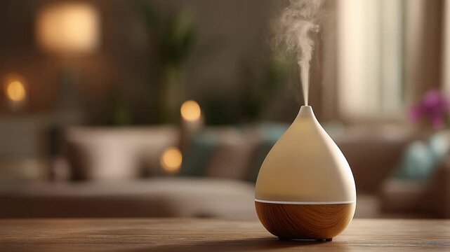 Aroma essential oil diffuser on wood table in cozy home living room. Aromatic steam creates peaceful atmosphere to relax, promoting wellness and modern aromatherapy comfort