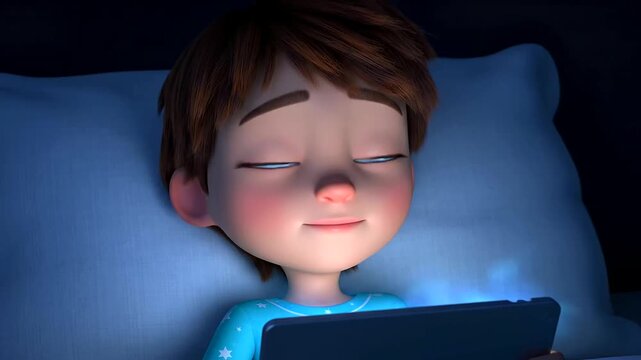 Animated Boy Using Tablet in Bed at Night, Illustrating the Impact of Screen Time on Sleep Health and World Sleep Day Awareness