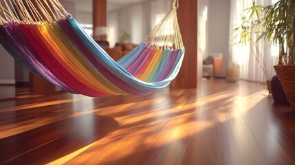 Cozy Indoor Hammock with Rainbow Stripes Bathed in Warm Sunlight.