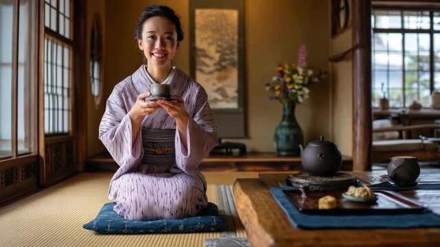 旅館の和室で一人お茶を点てる女性の午後、静かな光が差し込む
