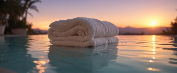 Rolling towels down a serene spa pool edge at sunset, serene pool,  relaxation
