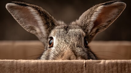 Curious Rabbit Peeking Over Cardboard Box Edge.