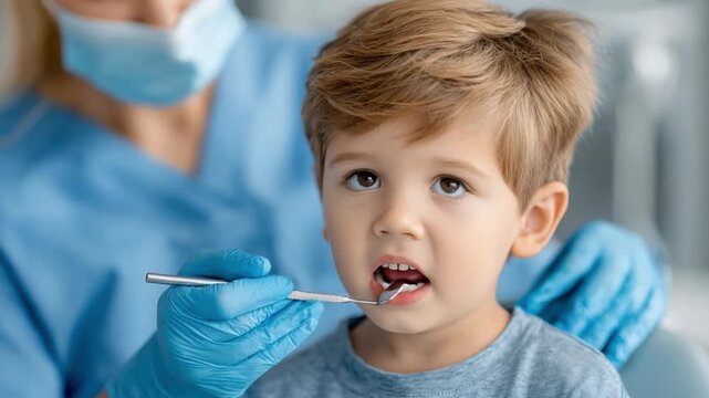 Child's Dental Check-up: A close-up captures a young child's apprehensive expression during a dental check-up, highlighting the importance of early dental care and oral health.