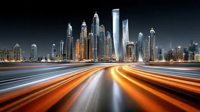 City Skyline with Motion: A breathtaking cityscape, dominated by towering skyscrapers, pulsates with energy and motion as streaks of light from passing vehicles blur into vibrant trails.