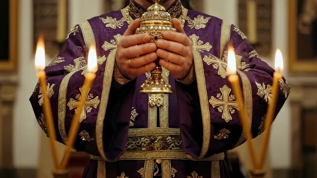 Man priest in purple vestments holding an ornate censer with glowing candles during a religious church service. Epiphany ritual.
