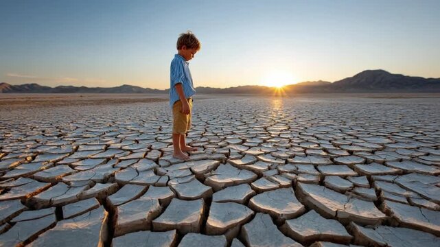 A Child's Reflection on Dry Earth: A young boy stands alone, gazing down upon the cracked, parched earth under the vast expanse of the sky.