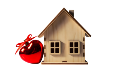 A charming wooden house model adorned with a festive red heart ornament tied with a bright ribbon sits against a dark backdrop symbolizing love and home
