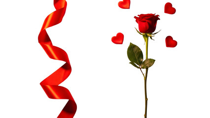 A single red rose with swirling ribbon and floating hearts on a dark background