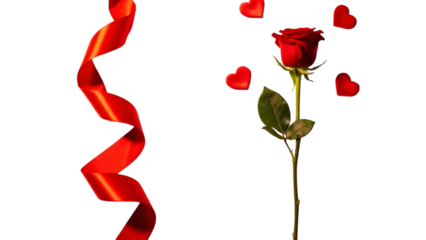 A single red rose with swirling ribbon and floating hearts on a dark background