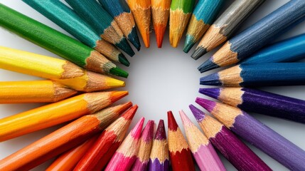 A close-up shot showcasing a ring of vibrant, multicolored wooden pencils arranged in a circular pattern against a white backdrop