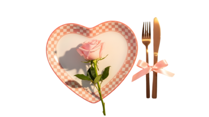 A single pink rose rests on a heart shaped plate next to rose gold cutlery tied with a pink ribbon for a romantic setting