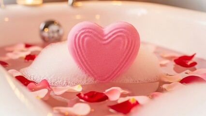 Fototapeta premium Pink heart-shaped soap on a mound of bath salts in a romantic bubble bath with red rose petals.