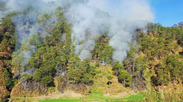 Dense smoke rises from a forest fire in the pine covered mountains near Bontoc and Sagada in the Philippines. The scene captures the impact of wildfire on the lush green landscape.