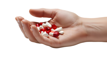 A handful of pills in a human palm, isolated on transparent background