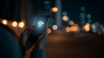 A person holds a smartphone with a wifi symbol glowing on the screen against a bokeh lit night background