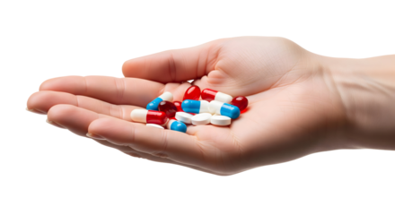 A close-up shot of a hand holding a collection of assorted medicine capsules, isolated on transparent background