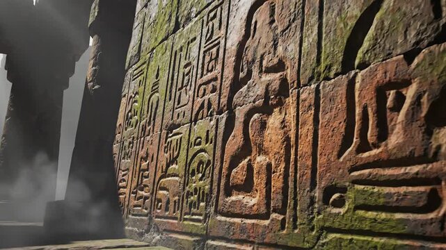 Ancient carved stone temple wall with mysterious hieroglyphic glyphs emerging from mist and light rays