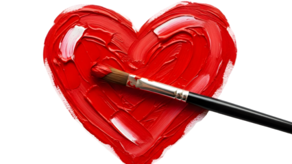 A paint brush adds a touch of white to a vibrant red heart shape created with thick textured paint