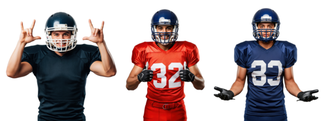 Three Male Football Players in Uniforms Showcasing Different Poses and Emotions