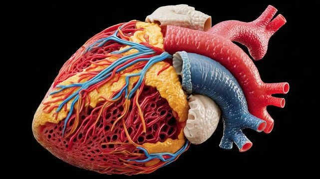 Anatomical Heart: A detailed depiction of a human heart, showcasing its intricate network of vessels and chambers against a dark backdrop.