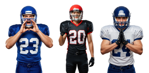 Athletic Male Football Players in Action Poses Wearing Different Uniforms and Numbers