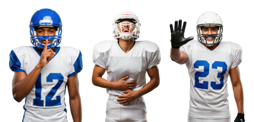 Youth Male Football Players in Action: Expressions of Celebration and Focus with Helmets and Jerseys