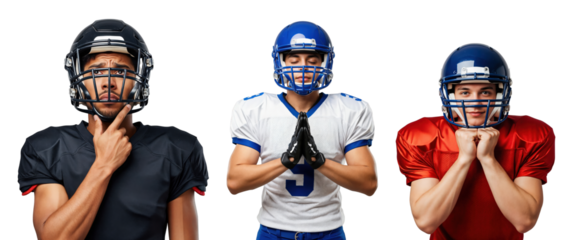 Three Male Football Players in Uniforms Displaying Diverse Emotions for Team Spirit and Sportsmanship