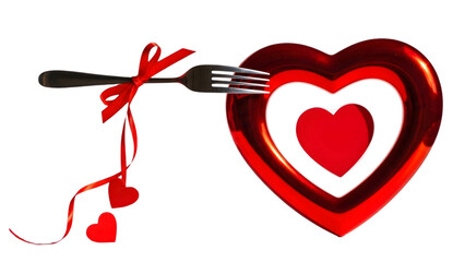 A fork adorned with a red ribbon and small hearts pierces a large red heart frame revealing a smaller heart inside