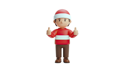 3D Cartoon Boy Wearing Santa Hat and Red Striped Sweater Giving Thumbs Up