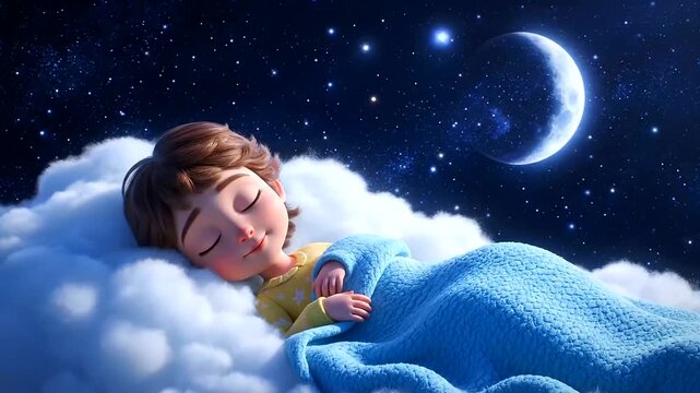 Sweet dreams for World Sleep Day: A tranquil animated child resting peacefully on a fluffy cloud beneath a glowing crescent moon and twinkling stars.