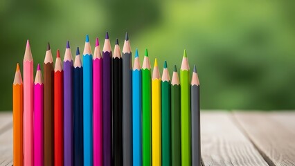 Colorful assortment of sharp colored pencils arranged on a wooden surface against a blurred green background, perfect for artistic projects and creative endeavors.