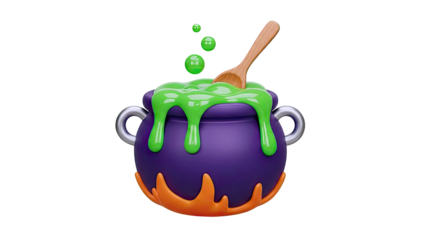 3D Halloween Cauldron with Bubbling Green Potion and Wooden Spoon