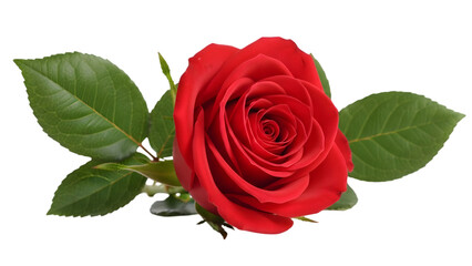 Naklejka premium A single perfect red rose with green leaves on a black background