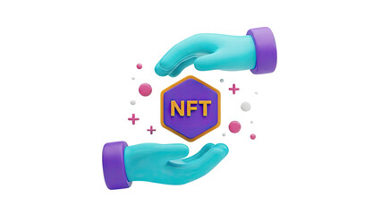 3D NFT Icon Held by Stylized Hands with Floating Ornaments