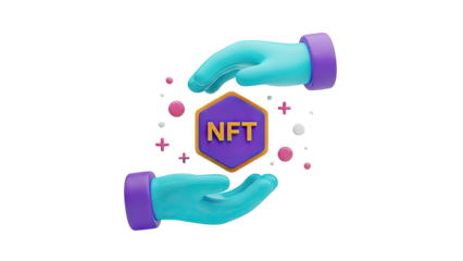 3D NFT Icon Held by Stylized Hands with Floating Ornaments