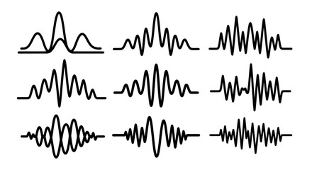 A comprehensive set of diverse abstract vector wave forms illustrating various frequencies and amplitudes, perfect for scientific and technological design projects.