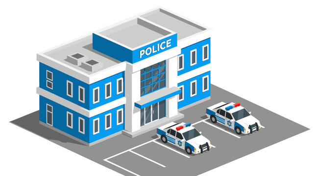 Police station with vehicles in parking lot