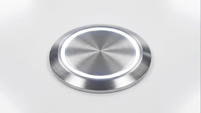 Hand Presses a Stainless Steel Round Button With Light Ring on White