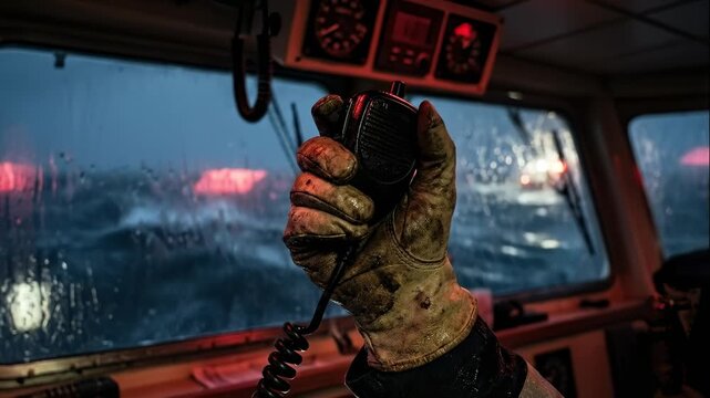 Man Holds Radio Device While Steering Ship in Stormy Weather
