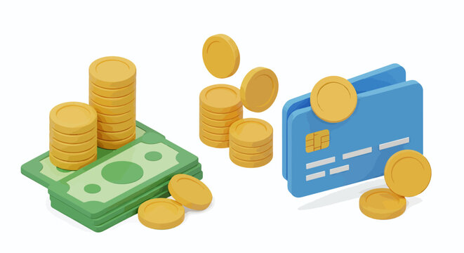 Isometric vector illustration showcasing stacks of golden coins and green banknotes next to a credit card, representing financial wealth and economic prosperity.