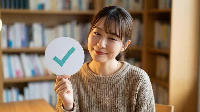 Smiling Woman Holding a Check Mark Sign Near a Bookshelf Indoor