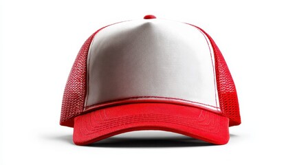 A frontal view showcases a vibrant red and white trucker cap, angled toward the viewer. The background is a clean white