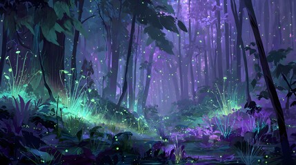Fototapeta premium Enchanted Forest at Twilight with Bioluminescent Flora.